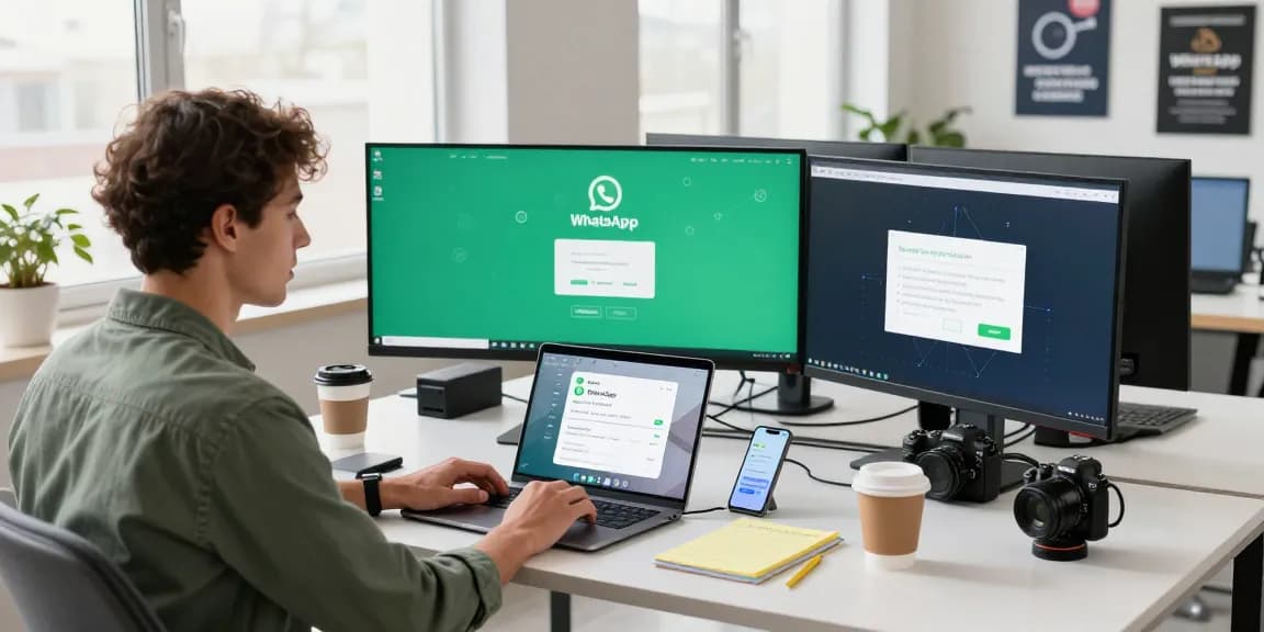 WhatsApp下載 process at a modern workspace with multiple screens and tech gadgets.