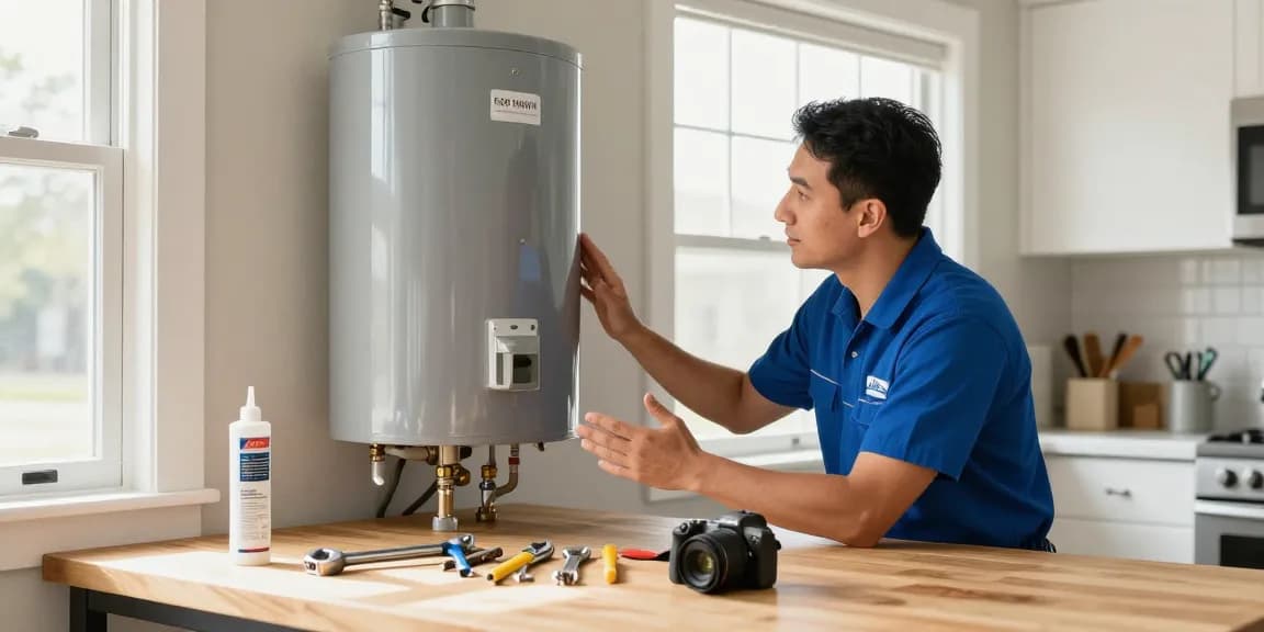 Professional plumber assisting with direct water heater repair Fort Worth in a bright kitchen.