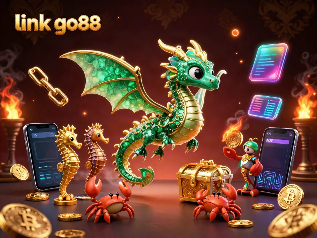 Engage in vibrant gaming with link go88, featuring a sea dragon surrounded by crypto coins and a treasure chest.