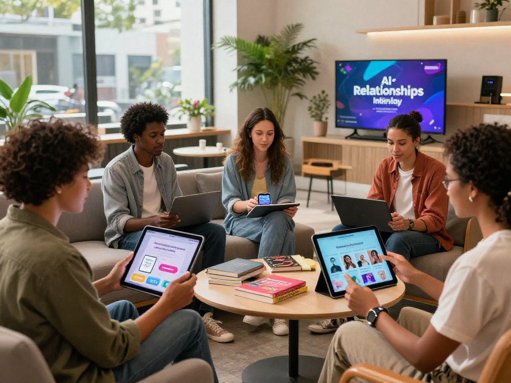 Diverse individuals exploring sex AI tools for education in a modern lounge