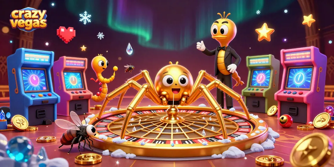 Experience thrilling spins at crazyvegas as a golden spider spins a roulette wheel web amid vibrant gaming elements.