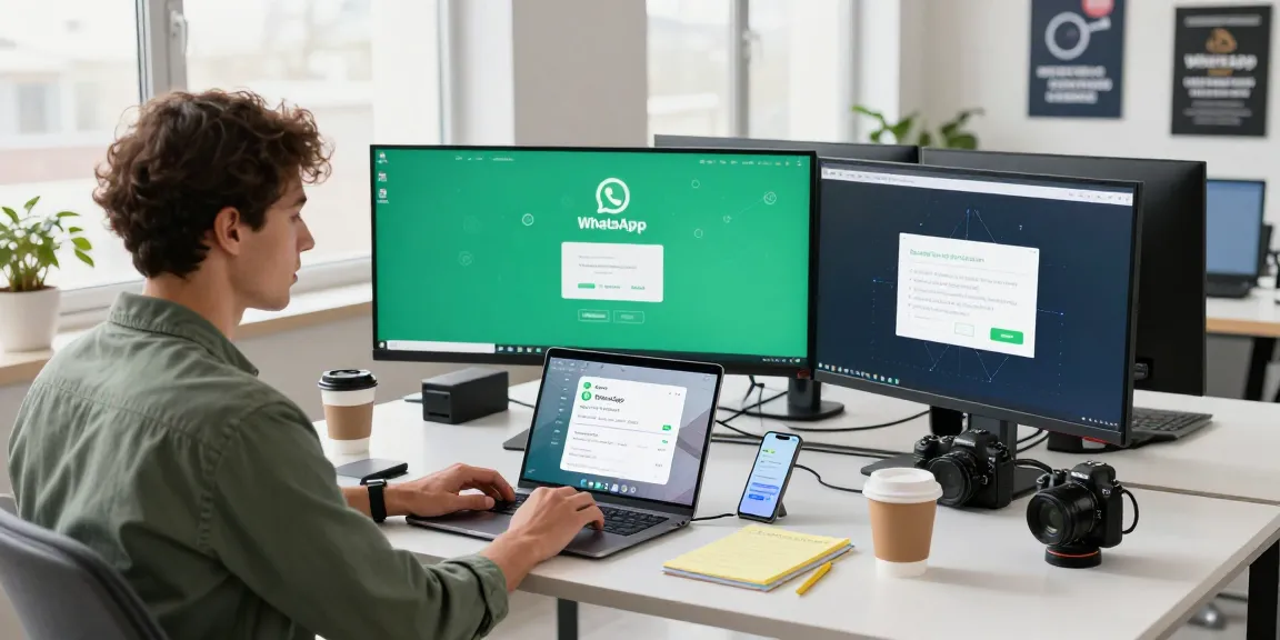 WhatsApp下載 process at a modern workspace with multiple screens and tech gadgets.
