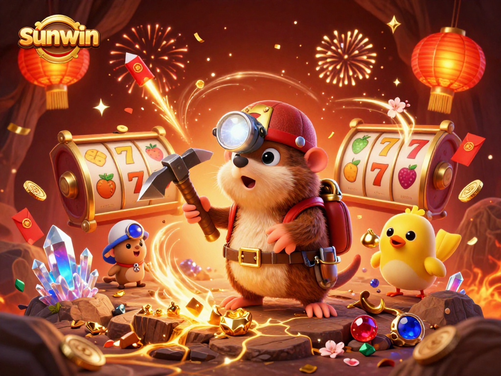 Win big with sunwin in a vibrant 3D casino scene, showcasing lucky treasures and festive energy.