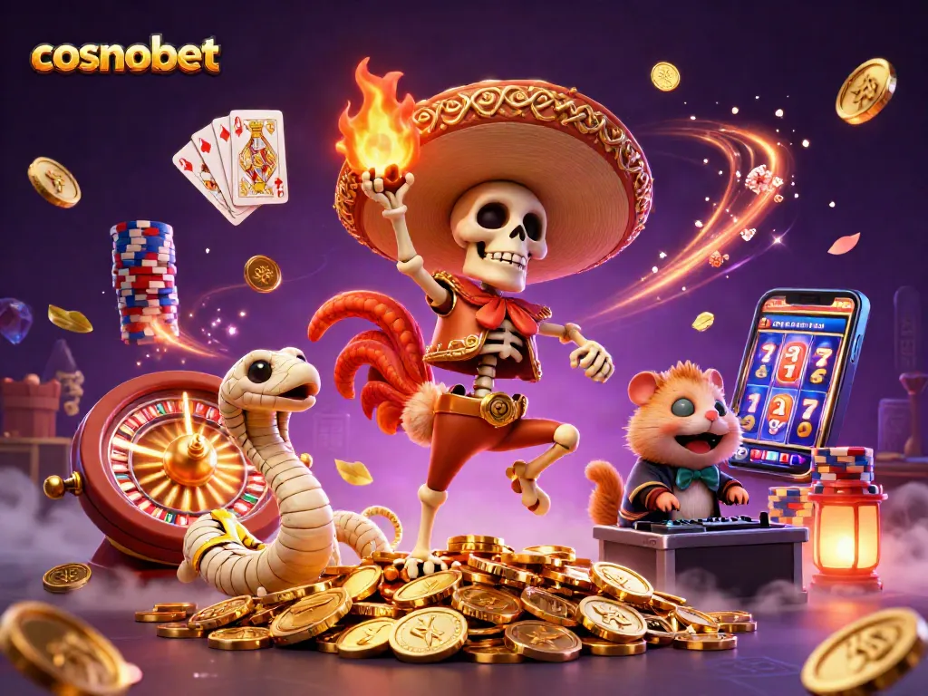 Experience the excitement of cosmobet with dynamic 3D casino characters dancing on golden coins.