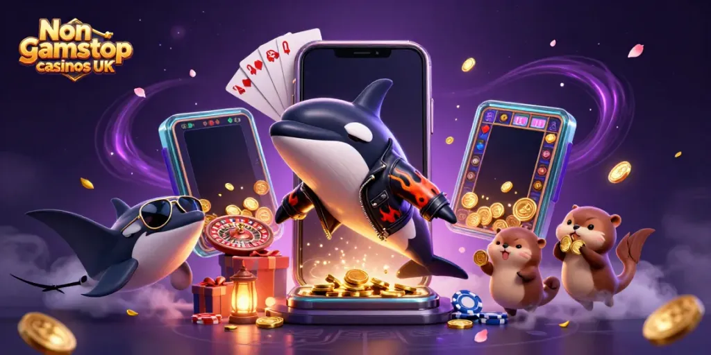 Engaging scene of Non gamstop casinos UK with animated sea creatures and dynamic casino elements.
