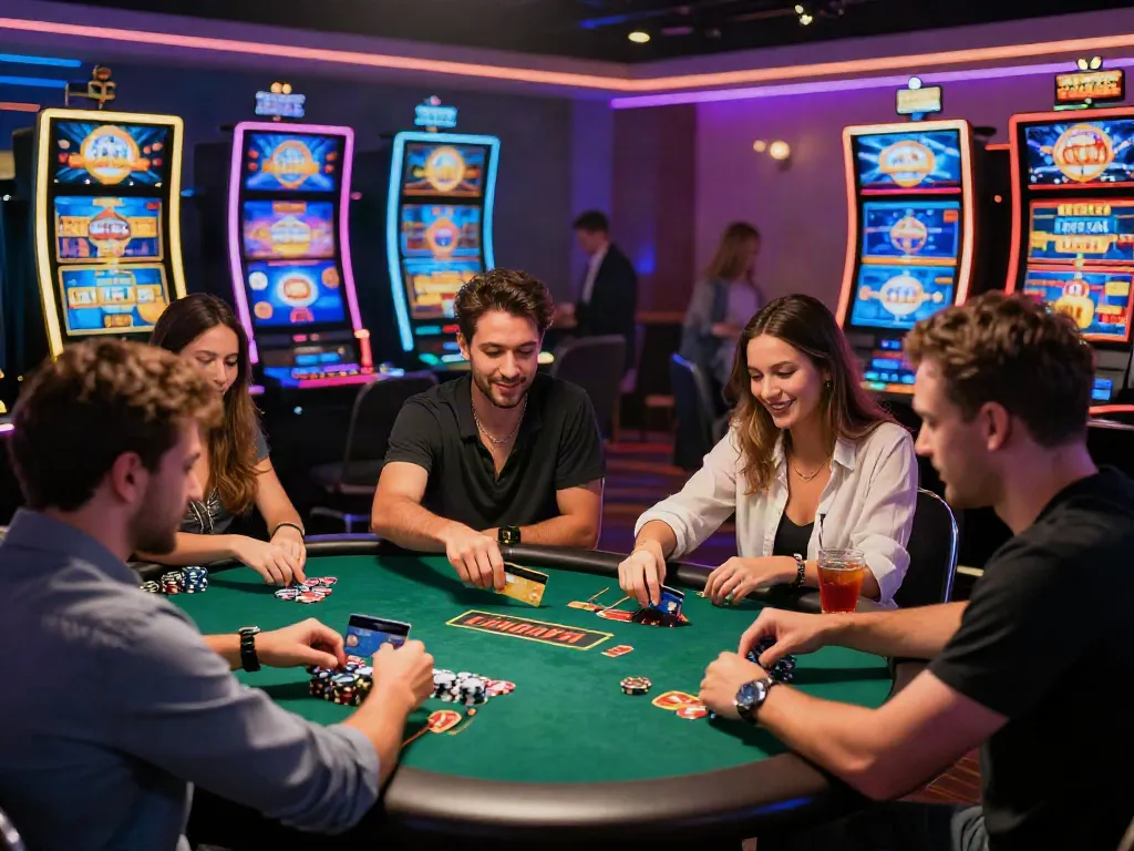 A lively casino gaming scene showcasing players using credit cards at the best credit card casinos, capturing excitement and engagement.