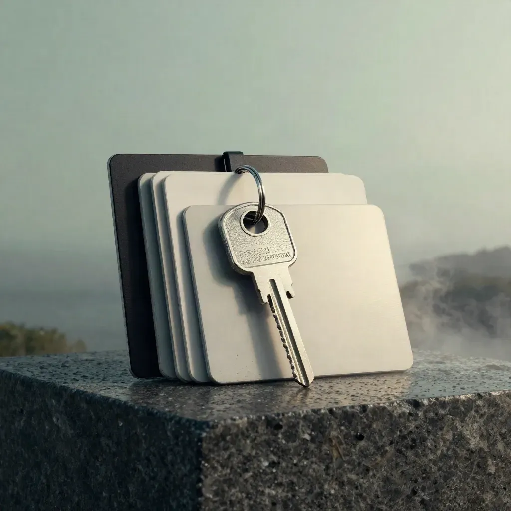 Security keys, blank access cards and a token tray on dark stone, lit by misty dawn light.