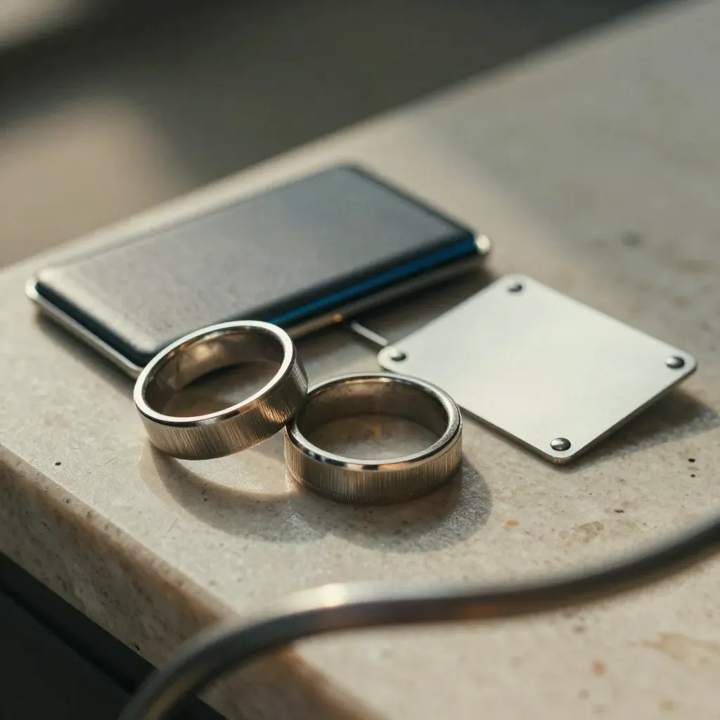 Brushed metal rings, card holder and notched plate on travertine in warm macro light.