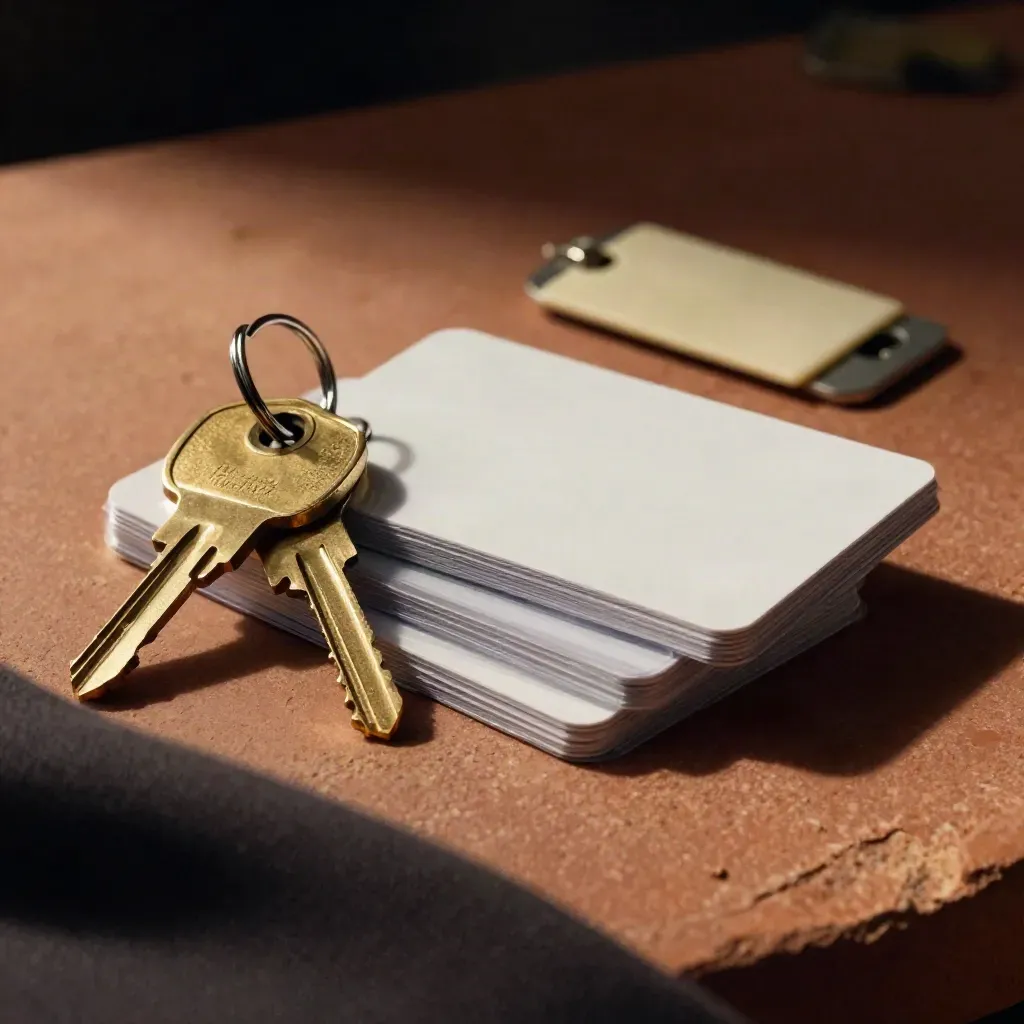 Brass key ring, access cards and RFID tray on terracotta plinth in dramatic studio light
