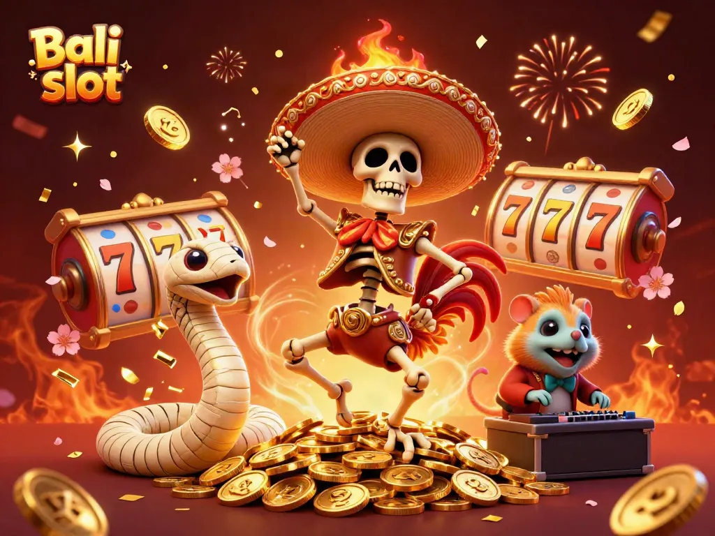 Experience the excitement of Bali slot with animated characters dancing on coins and spinning reels.