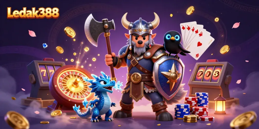 Experience exciting game action with Ledak388 featuring a Viking wolf warrior, fierce dragon, and glowing raven.