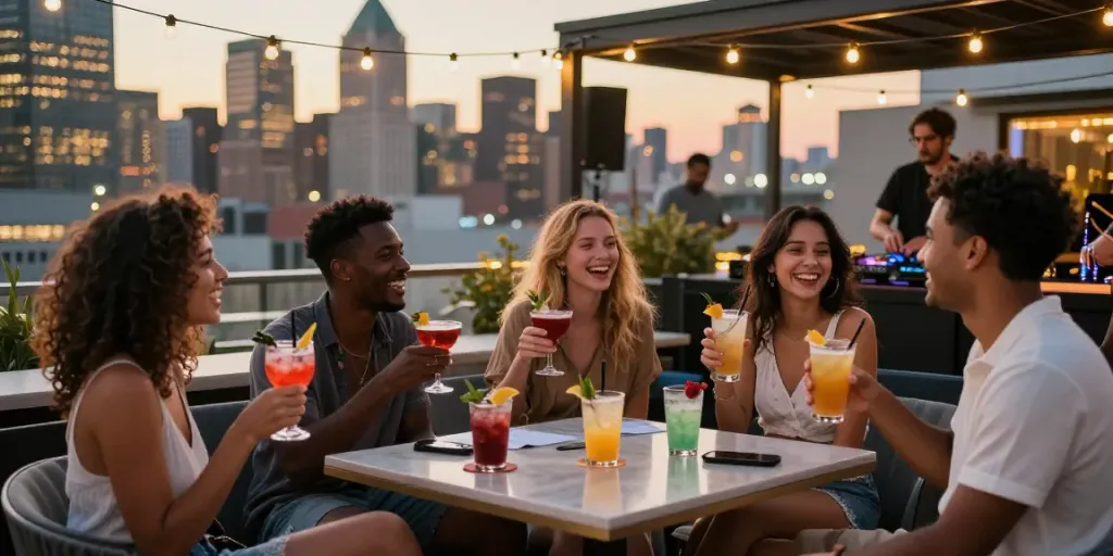 A lively rooftop bar scene at night, showcasing friends enjoying cocktails and city views with vibrant energy, connecting with http://11bet-app.net/ for fun.