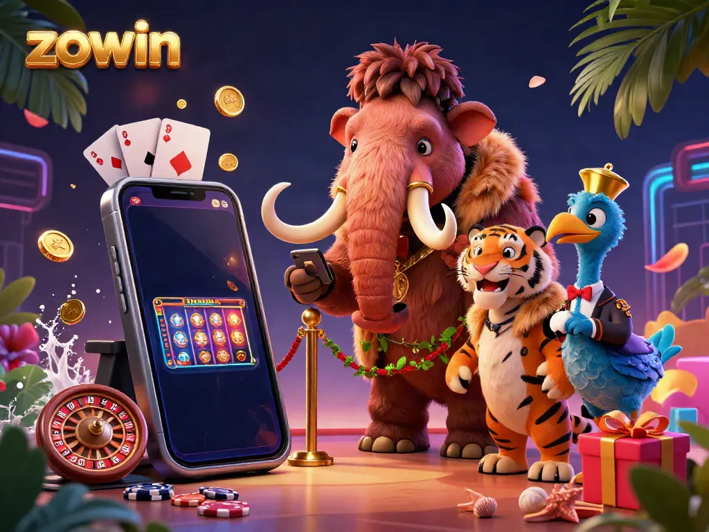 Zowin's casino scene features a woolly mammoth bouncer, saber-tooth tiger guest, and dodo doorman surrounded by vibrant slot game elements.