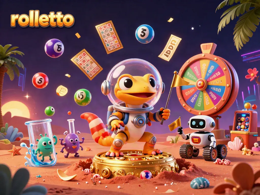 Experience the thrill of rolletto with a Martian gecko exploring a golden casino, vibrant dynamic action.