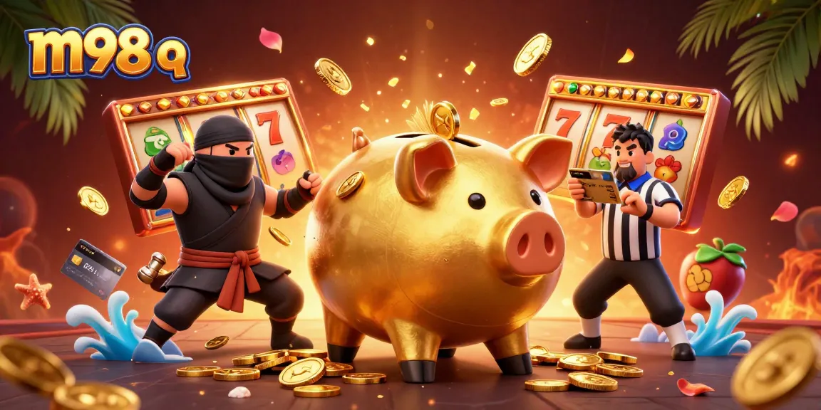 Engage with m98 q through exciting slot games featuring golden characters and vibrant casino elements.