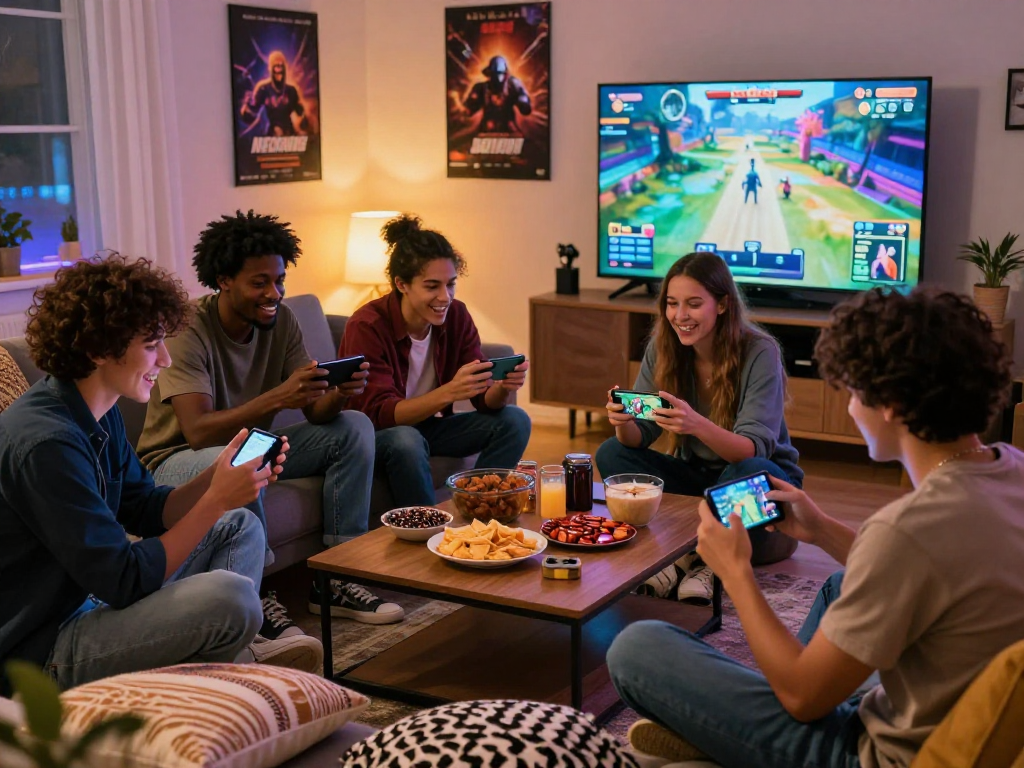 Group enjoying mobile porn games together in a cozy living room setting