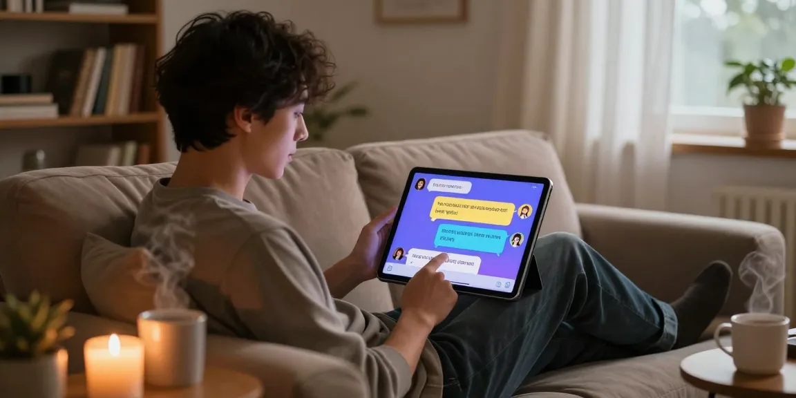 AI NSFW chat interaction on a tablet in a cozy setting, showcasing immersive dialogue.