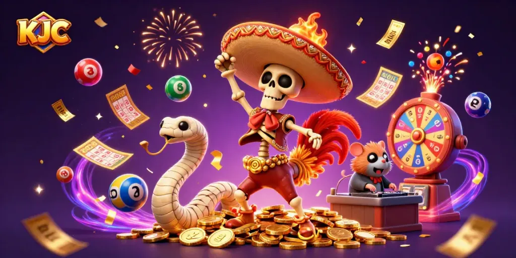 KJC themed vibrant casino illustration with a skeleton mariachi, mummy snake, and zombie hamster celebrating winnings.