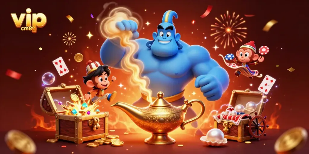 Experience thrilling action with vip cm88 in this vibrant casino illustration featuring a genie and magic carpet.