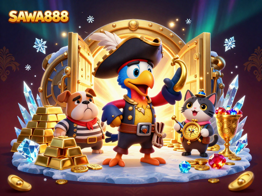 Experience SAWA888's thrilling slots with colorful characters and sparkling treasures in this vibrant 3D illustration.