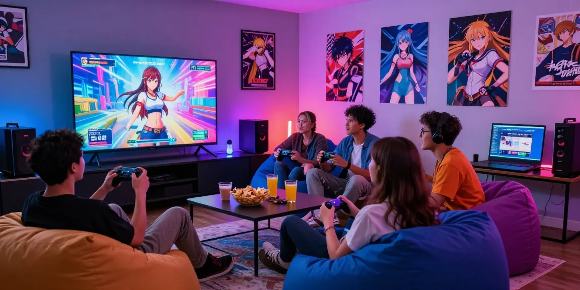 Friends enjoying a lively gaming night playing a hentai game in a vibrant room.