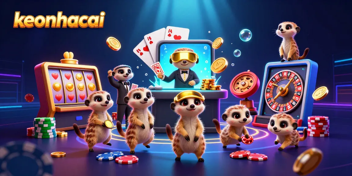 Engage in thrilling gameplay at keonhacai with meerkats running a vibrant casino scene filled with slots, cards, and chips.