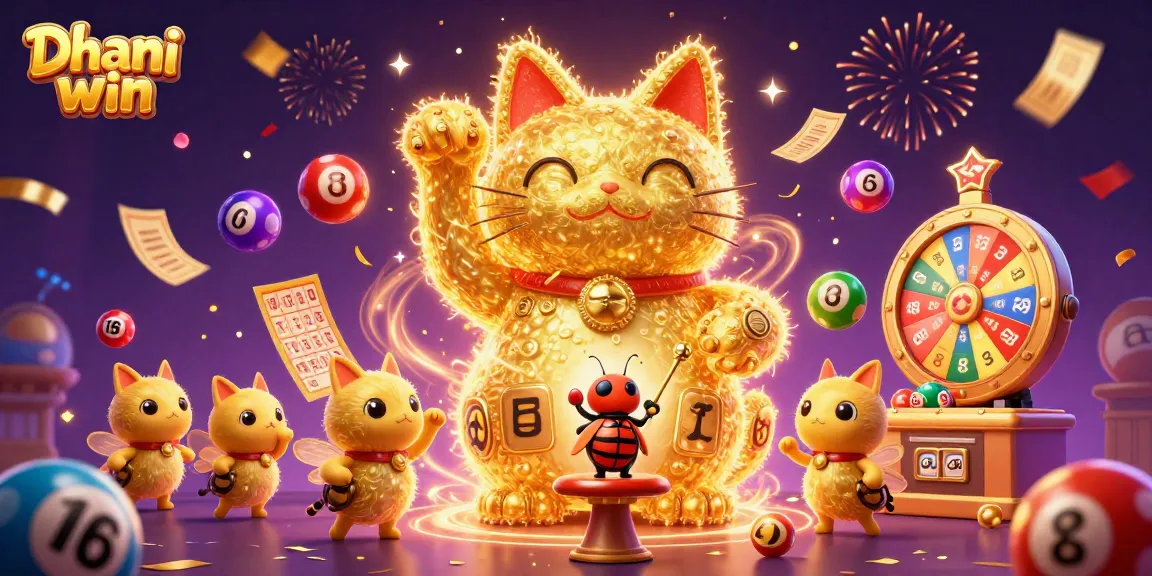 Dhani win players enjoy vibrant lottery games with golden cat, colorful balls, and sparkling confetti.