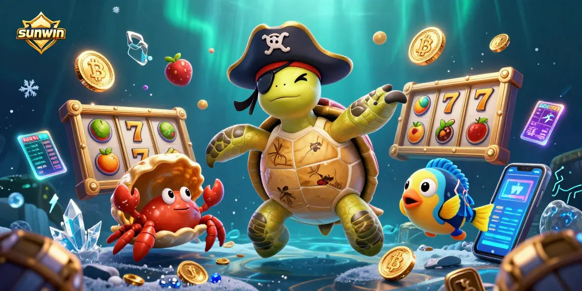 Experience thrilling wins at sunwin with vibrant 3D graphics of a pirate turtle and exciting slot game elements.