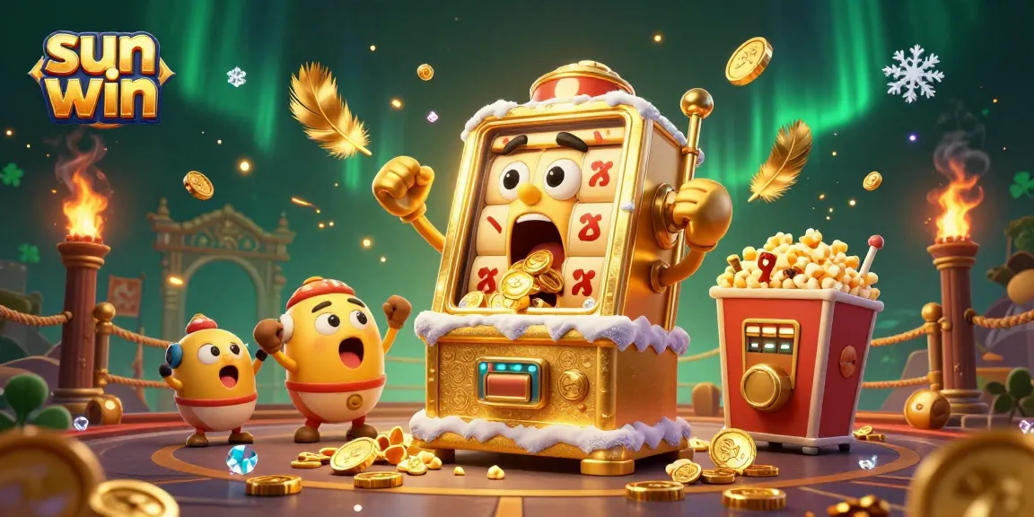 Engaging sun win slot machine scene celebrating jackpot with gold coins and cheerful mini machines.